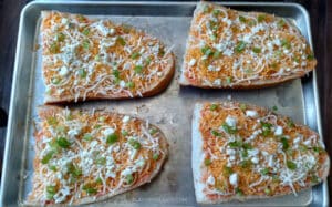 Buffalo Wing French Bread Pizza Sticks before they go in the oven