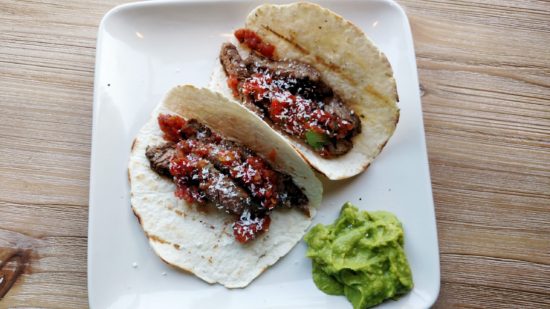 Tacos with Carne Asada, salsa, and guacamole