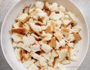 A bowl of torn bread for the stuffing