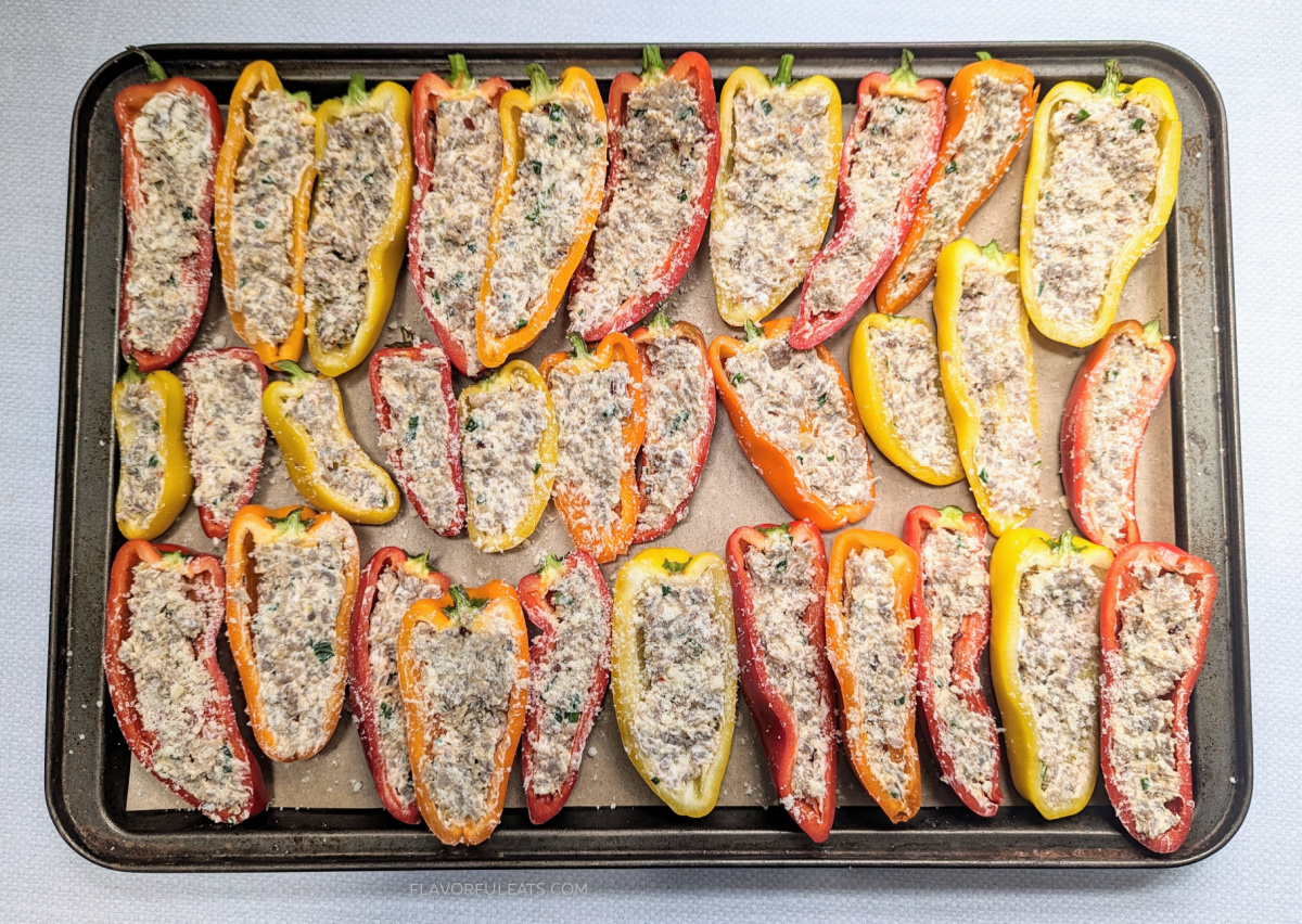 Sausage Stuffed Sweet Mini Peppers before they have baked in the oven.