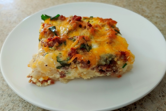 I love using a bag of frozen potatoes o'brien instead of hash browns in this breakfast casserole because in addition to potato, you also get onion, red bell pepper, and green bell pepper - an easy way to sneak in some more veggies and an effortless way to get more flavor.