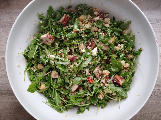 Mediterranean Arugula Quinoa Salad with Trader Joe's Balsamic & Rosemary Grilled Chicken