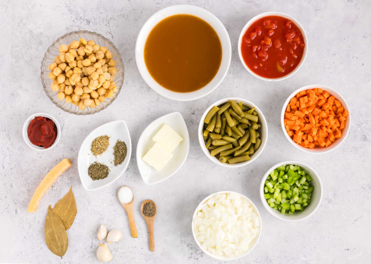 A photo of the ingredients needed to make Italian Chickpea Vegetable Soup.