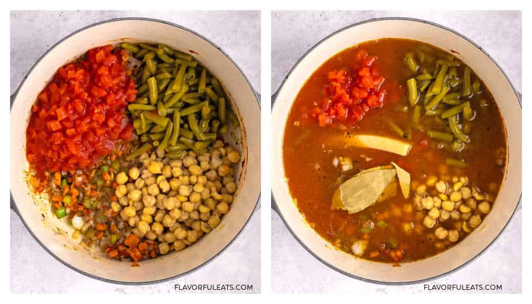 A side-by-side photo of the process shots of adding different ingredients to the pot.
