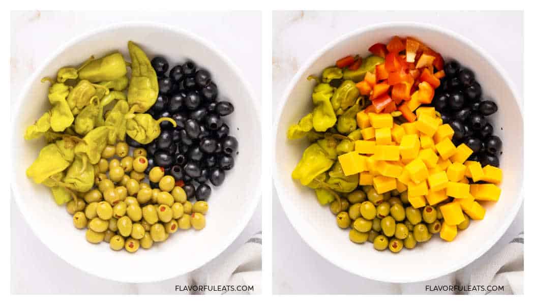 A side-by-side photo of the preparing of Marinated Cheese & Olive Antipasto with the ingredients in bowls.