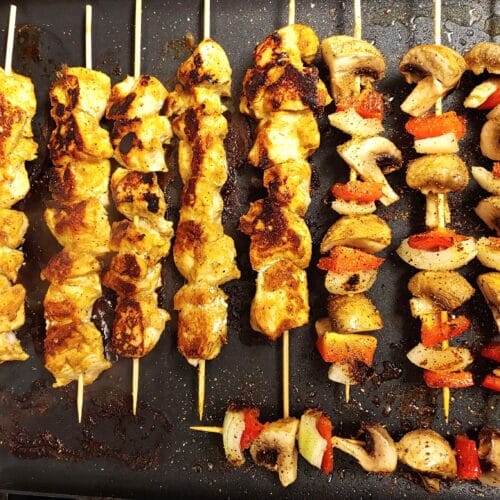 Aji Amarillo Yogurt Marinated Chicken Kabobs after they've been grilled.