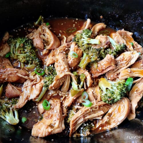 Slow Cooker Teriyaki Chicken & Broccoli in the slow cooker before it's plated.
