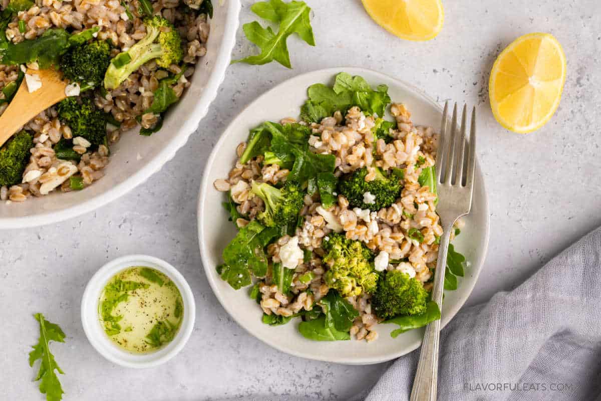 Roasted Broccoli Farro Salad on a plate with a fork and the serving bowl beside it.