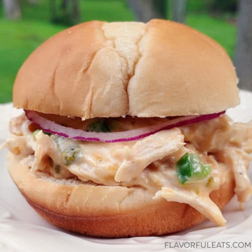 Slow Cooker Jalapeno Popper Chicken on a bun for sandwiches
