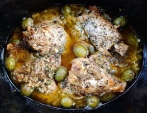 Slow Cooker Chicken Provencal finished, in the slow cooker.
