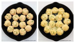 Baked Chicken Parmesan Meatballs in a pan before sauce and cheese.