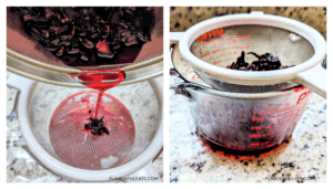Before and after photos of Hibiscus Simple Syrup as it's straining and after it's strained.