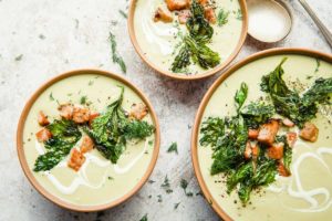 Leek and Celery Soup with Ham Croutons