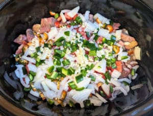 All the ingredients in the slow cooker before they've cooked.