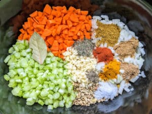 All the dry ingredients for Slow Cooker Curried Lentil Soup before it cooks.