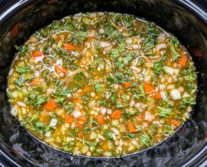 All of the ingredients for Slow Cooker Curried Lentil Soup - both wet and dry, before it cooks.