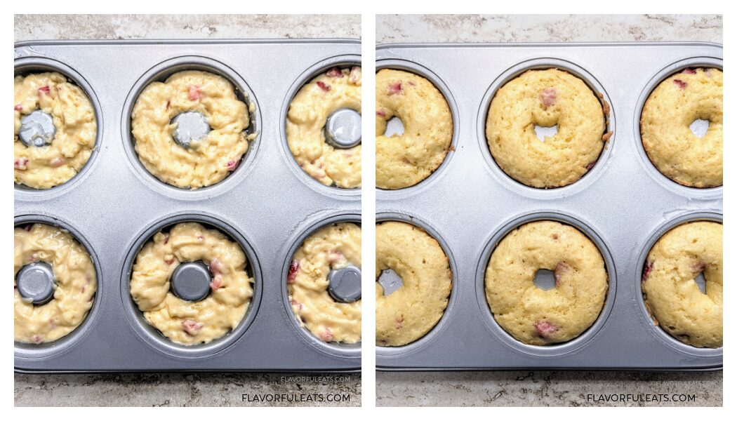 A side-by-side photo showing Baked Strawberry Lemon Donut donut batter in the pan on the left and cooked donuts in the pan on the right.