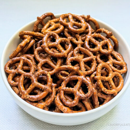 Spicy Seasoned Pretzels in a white serving bowl