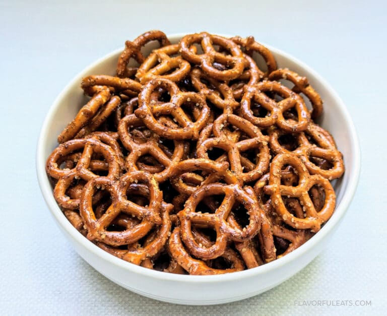 Spicy Seasoned Pretzels in a white serving bowl