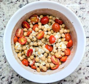 Baked Chickpeas with Tomatoes and Feta after it comes out of the oven, before it's stirred