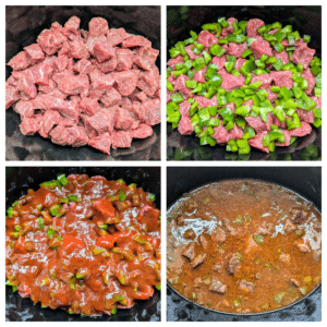 A collage of prep photos with Slow Cooker BBQ Beef Casserole in different stages.