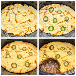 A collage of different stages of Slow Cooker BBQ Beef Cornbread Casserole after the cornbread batter has been added.
