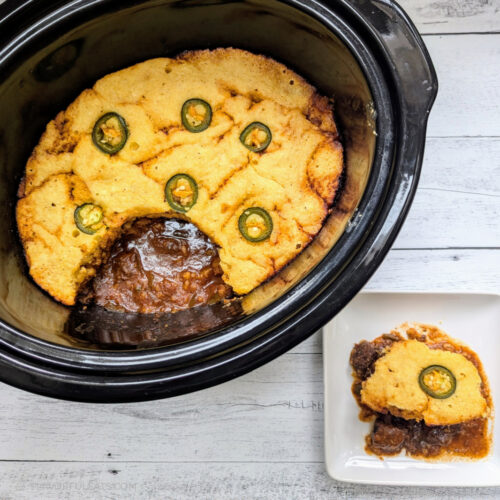 Slow Cooker BBQ Beef Cornbread Casserole shown both in the slow cooker and beside that, served on a plate