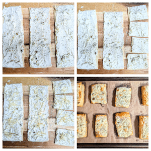 A collage of step-by-step photos showing how to make the Dill Pickle Puff Pastry Appetizers