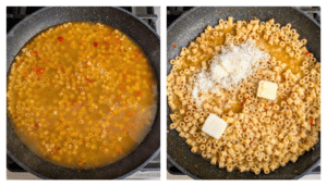Two steps of the cooking process for Calabrian Chili Butter Ditalini Pasta (One-Pan Recipe). One, the broth is added to the pasta, and two, adding the butter and parmesan.