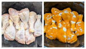 Side-by-side photos showing chicken in a slow cooker, then with Buffalo sauce poured over it.