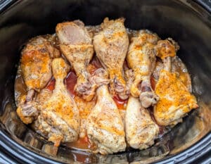 Slow Cooker Buffalo Chicken Drumsticks after they are done cooking in the slow cooker, but before they go under the broiler.