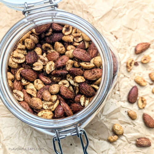 Spicy Curry Roasted Nuts in a glass jar