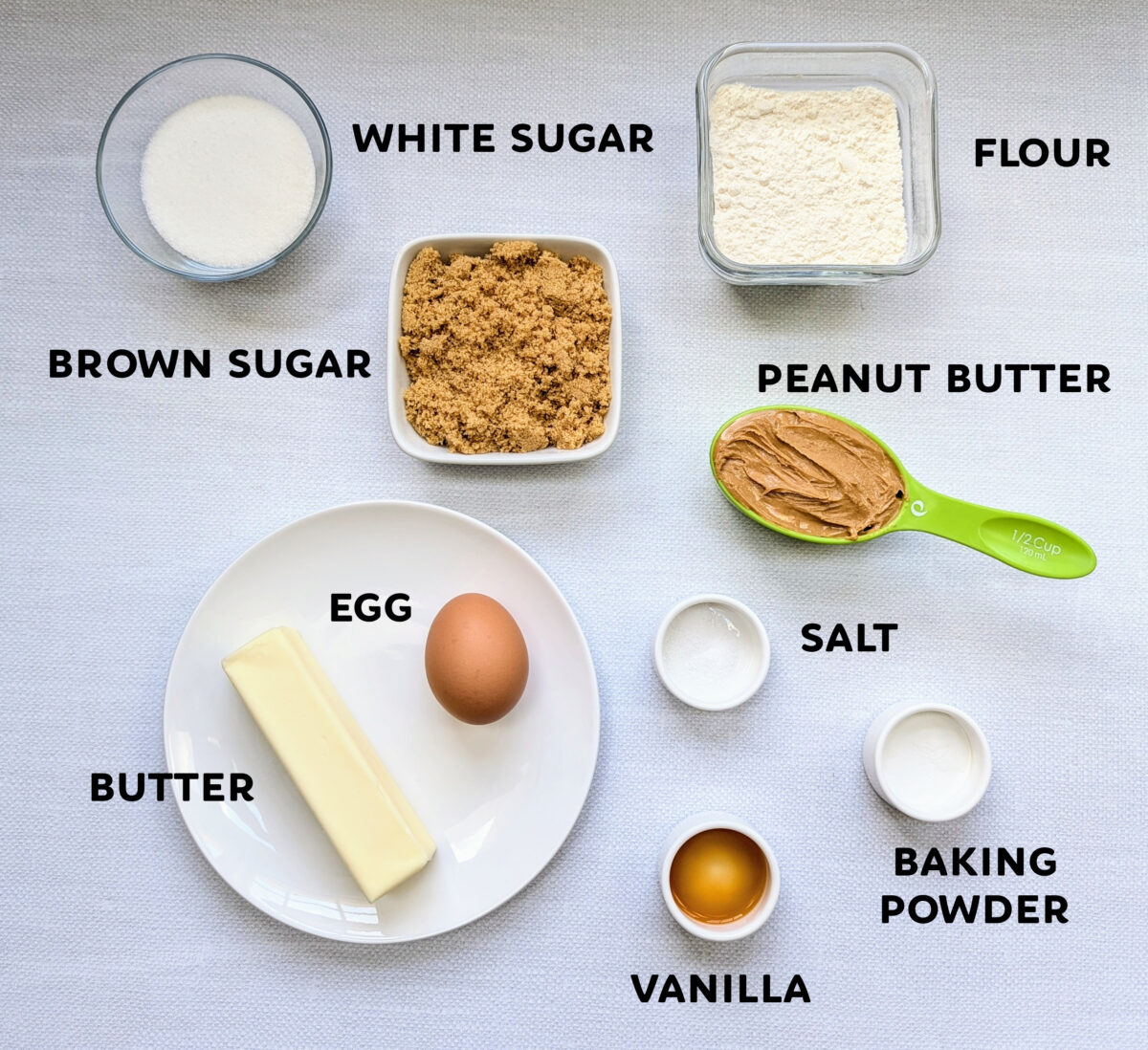 An ingredient shot showing everything needed to make Slow Cooker Peanut Butter Cookie Bars