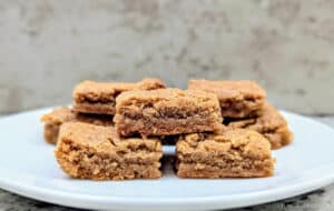 Slow Cooker Peanut Butter Cookie Bars stacked on a white plate