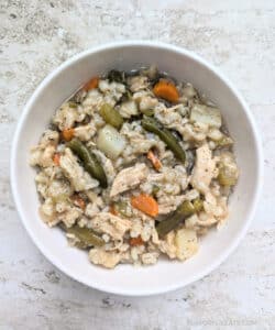 Slow Cooker Chicken Barley Stew in a white bowl