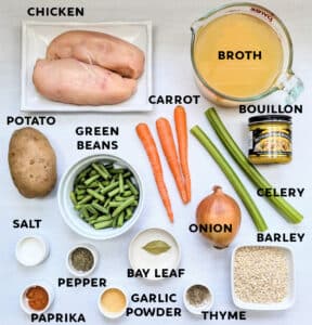 All the ingredients needed to make Slow Cooker Chicken Barley Stew