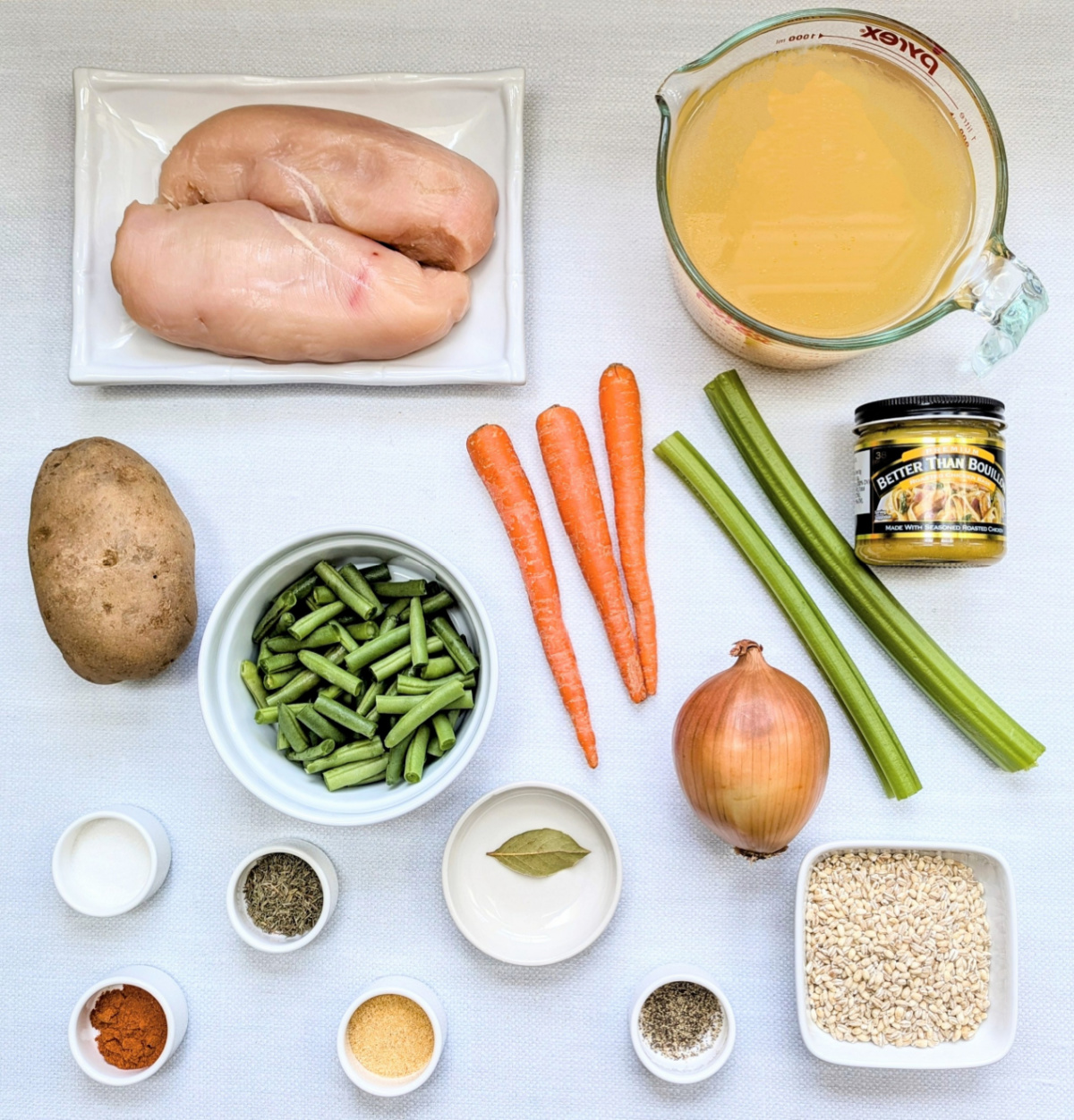 A photo of the ingredients needed to make Slow Cooker Chicken Barley Stew