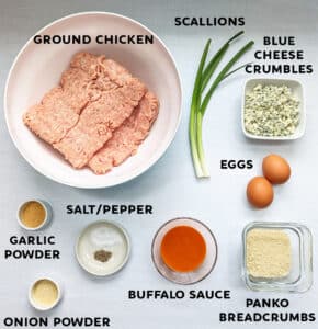 An ingredient photo showing all the items needed to make Baked Buffalo Chicken Meatballs