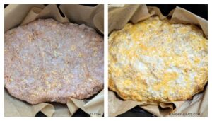 Side-by-side photos of the Slow Cooker BBQ Cheddar Turkey Meatloaf uncooked in the slow cooker on the left and cooked in the slow cooker on the right.