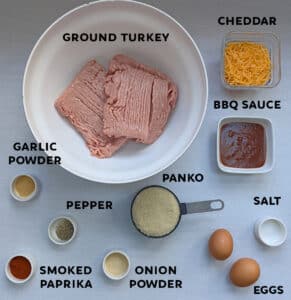 An ingredient shot showing everything needed to make Slow Cooker BBQ Cheddar Turkey Meatloaf
