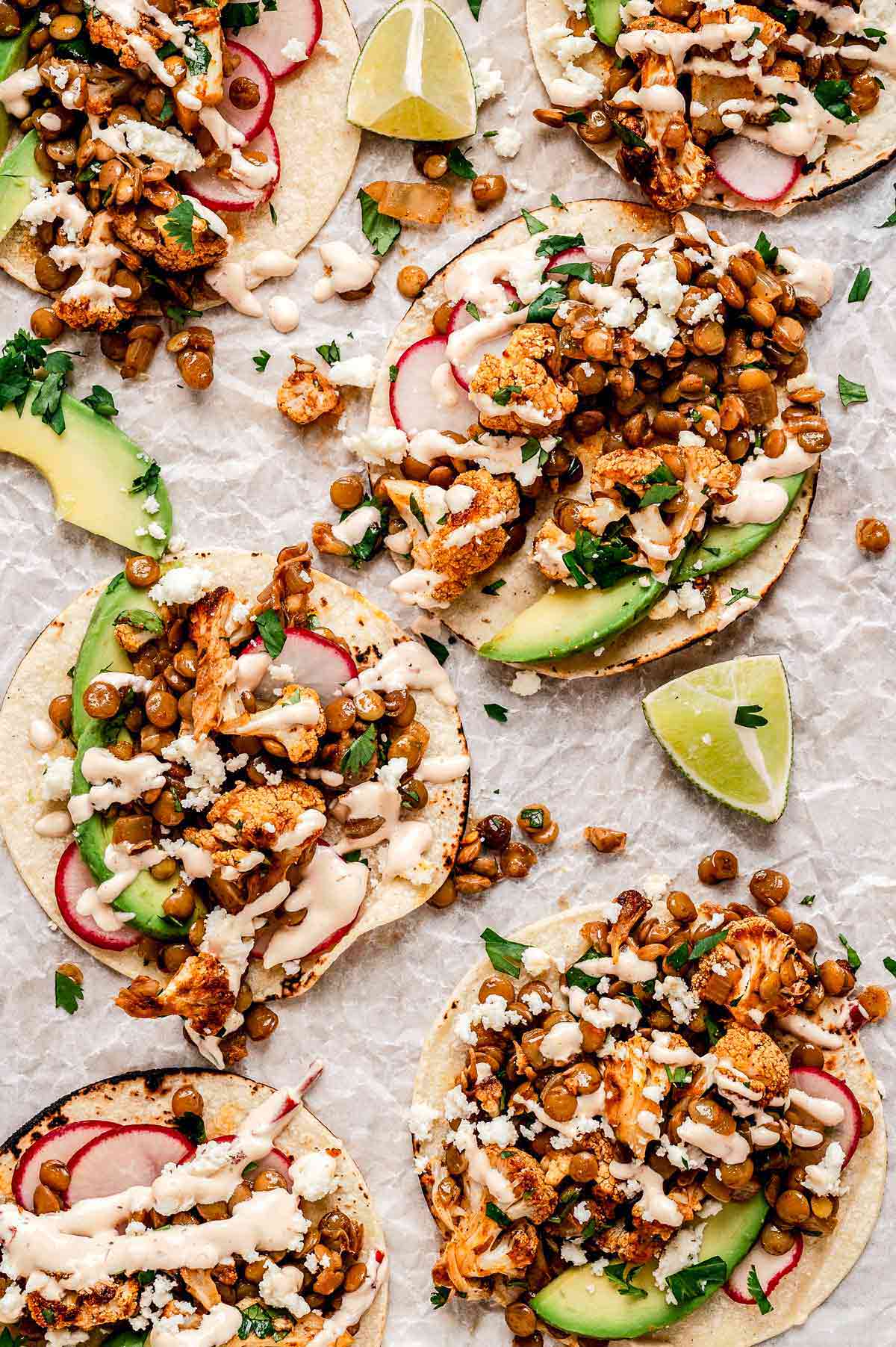 Roasted Cauliflower and Lentil Tacos with Creamy Chipotle Sauce