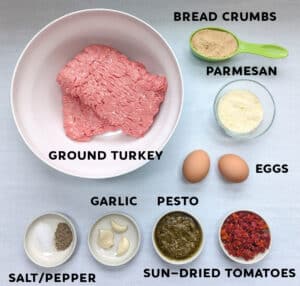 A photo of the ingredients needed to make Baked Sun-Dried Tomato Turkey Meatballs.