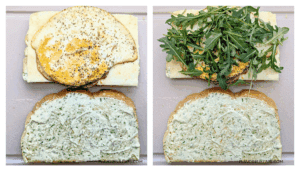 A side-by-side photo of Fried Egg Sandwich with Herby Mayo. Left, with egg on the cheese. Right, with arugula.