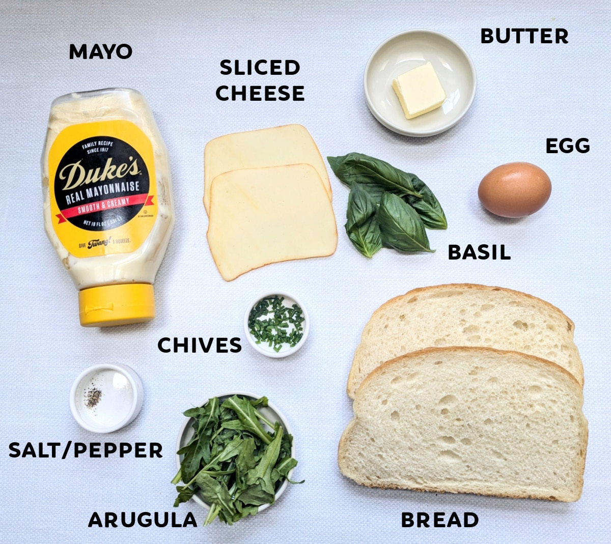 A photo of the ingredients needed to make Fried Egg Sandwich with Herby Mayo.