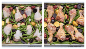 Side by side of Sheet Pan Chicken Drumsticks, Potatoes & Green Beans. Before and after green beans and spices.