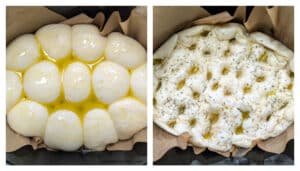 Frozen rolls turning into bread dough before and after dimpling to make Slow Cooker Herbed Focaccia Bread.