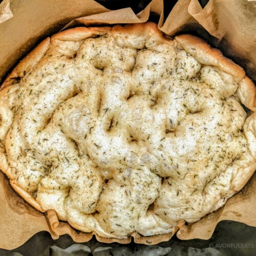 Slow Cooker Herbed Focaccia Bread in the slow cooker after it's baked.