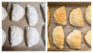 Before and after the Cuban Stuffed Biscuit Hand Pies have been baked.