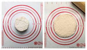 The biscuit before and after it's rolled out, to make Cuban Stuffed Biscuit Hand Pies.