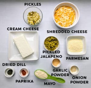 The ingredients needed to make Slow Cooker Jalapeno Pickle Dip.
